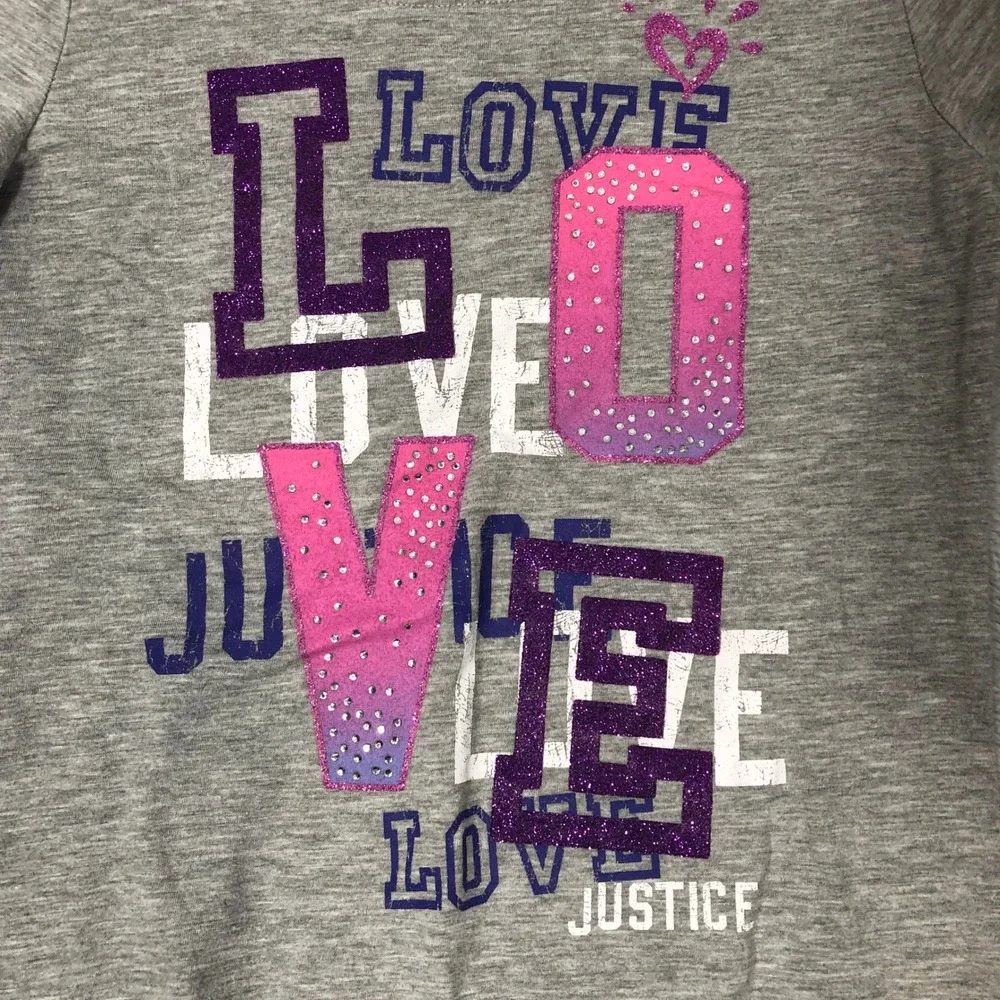 Justice Graphic Tee Girls 12 Grey Pink Purple Glitter‎ Love Long Sleeve Shirt